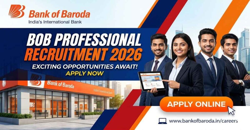 Bank of Baroda Professional Recruitment 2026 official notification banner with 'Apply Online' button and professional bank employees.
