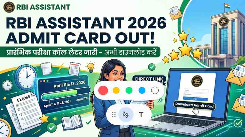 An illustrative banner for RBI Assistant 2026 Admit Card announcement featuring a professional woman holding a call letter, a laptop with a login screen, and the RBI building in the background.