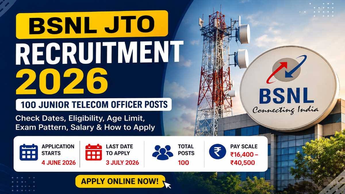 BSNL JTO Recruitment 2026 feature image showing 100 Junior Telecom Officer posts, application dates, pay scale, and apply online details.