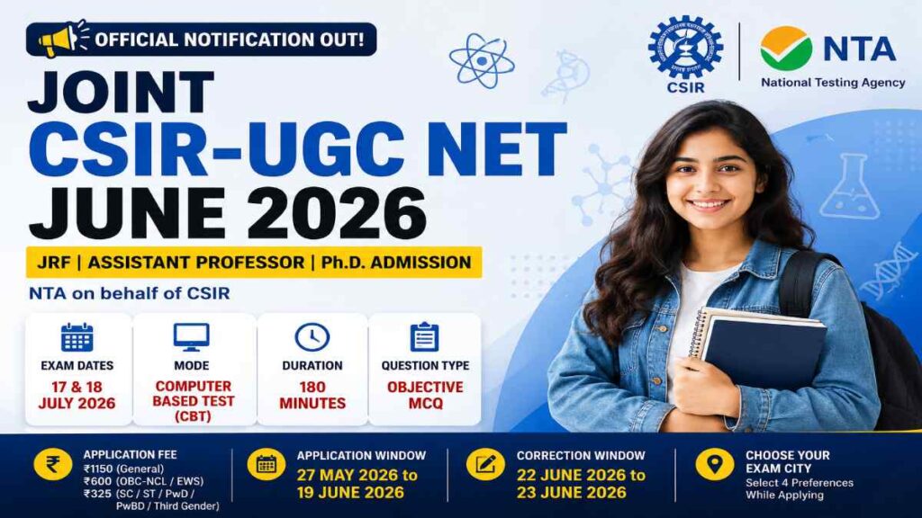 CSIR UGC NET June 2026 official notification feature image showing exam dates, application schedule, eligibility for JRF, Assistant Professor and PhD admission, with NTA and CSIR branding.