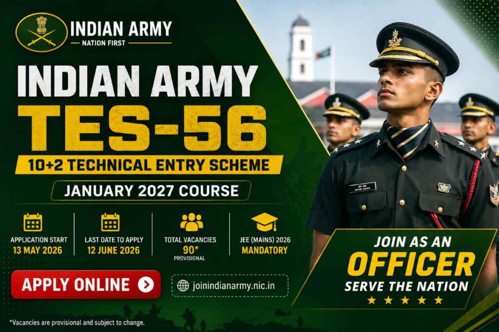 Indian Army TES-56 Recruitment 2026 feature image for 10+2 Technical Entry Scheme January 2027 course apply online