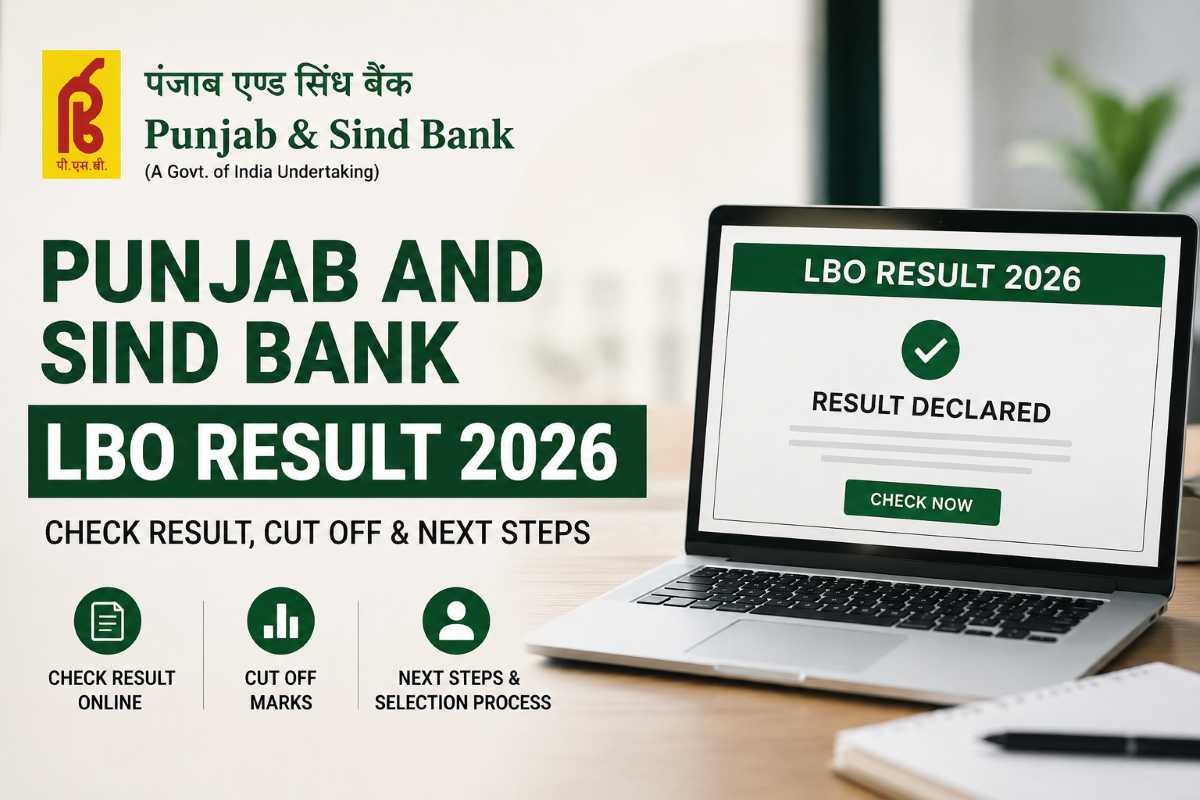 Punjab and Sind Bank LBO Result 2026 announcement graphic with result declared on laptop screen and check result details