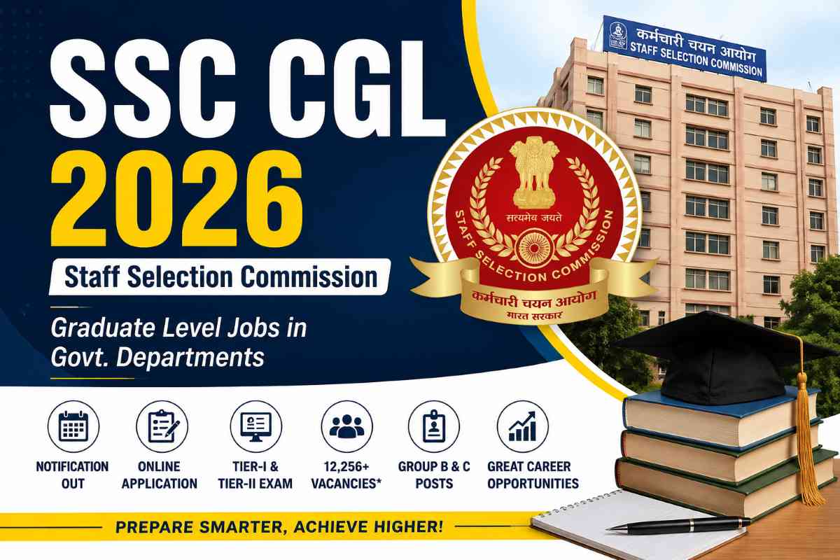 SSC CGL 2026 notification banner featuring Staff Selection Commission building, government job recruitment details, Tier 1 and Tier 2 exam information, and 12,256 vacancies.