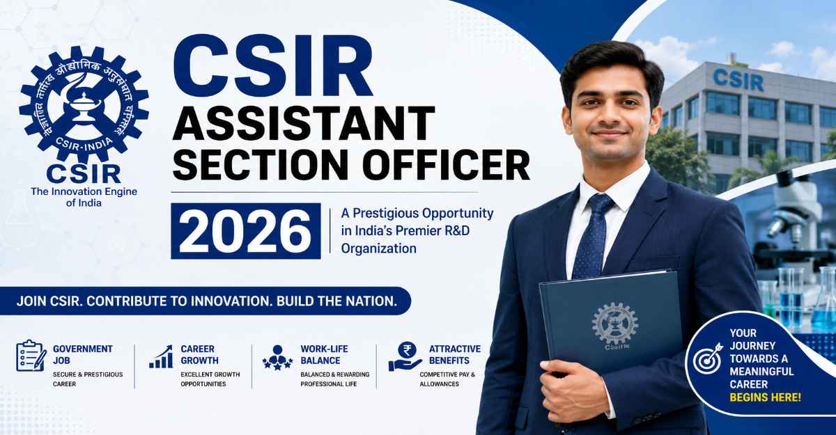 CSIR Assistant Section Officer ASO 2026 Online Form feature image showing Assistant Section Officer recruitment notification, eligibility details, and career opportunity in CSIR India.