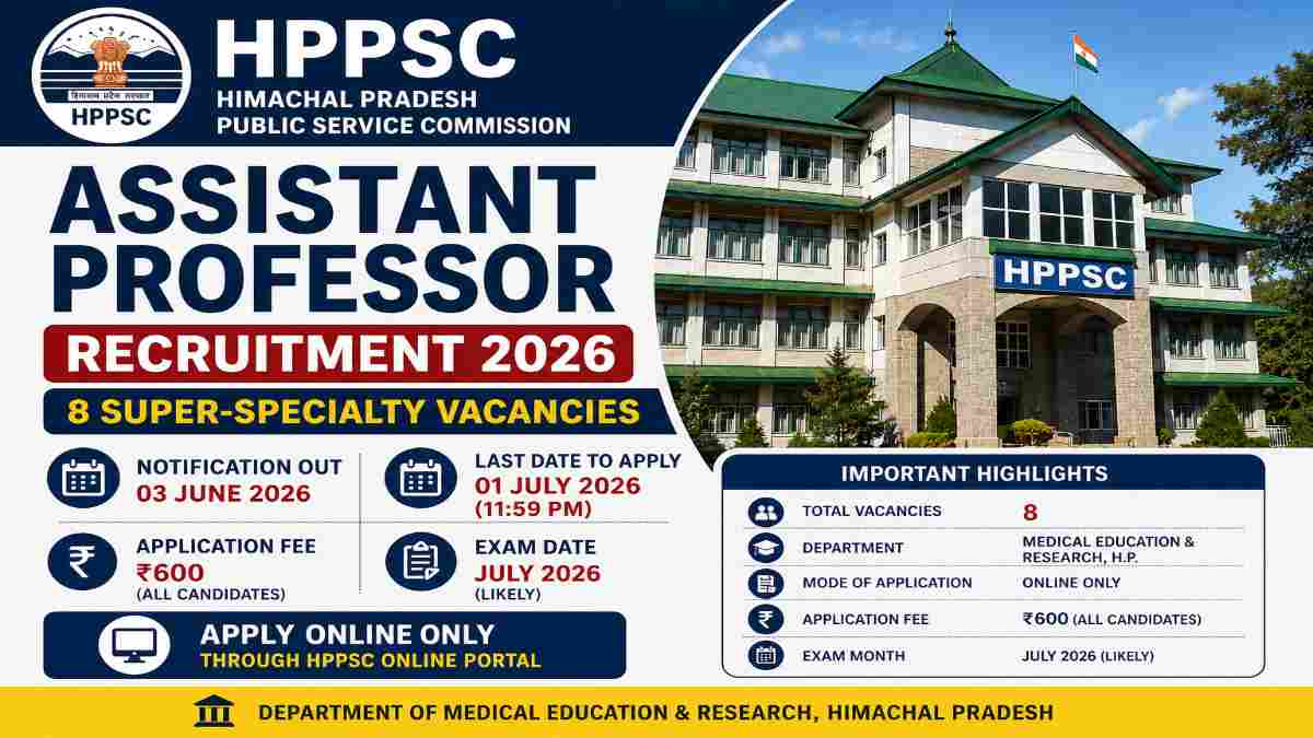 HP Assistant Professor Recruitment 2026 notification featuring 8 super-specialty vacancies, application dates, fee details, and online application information.