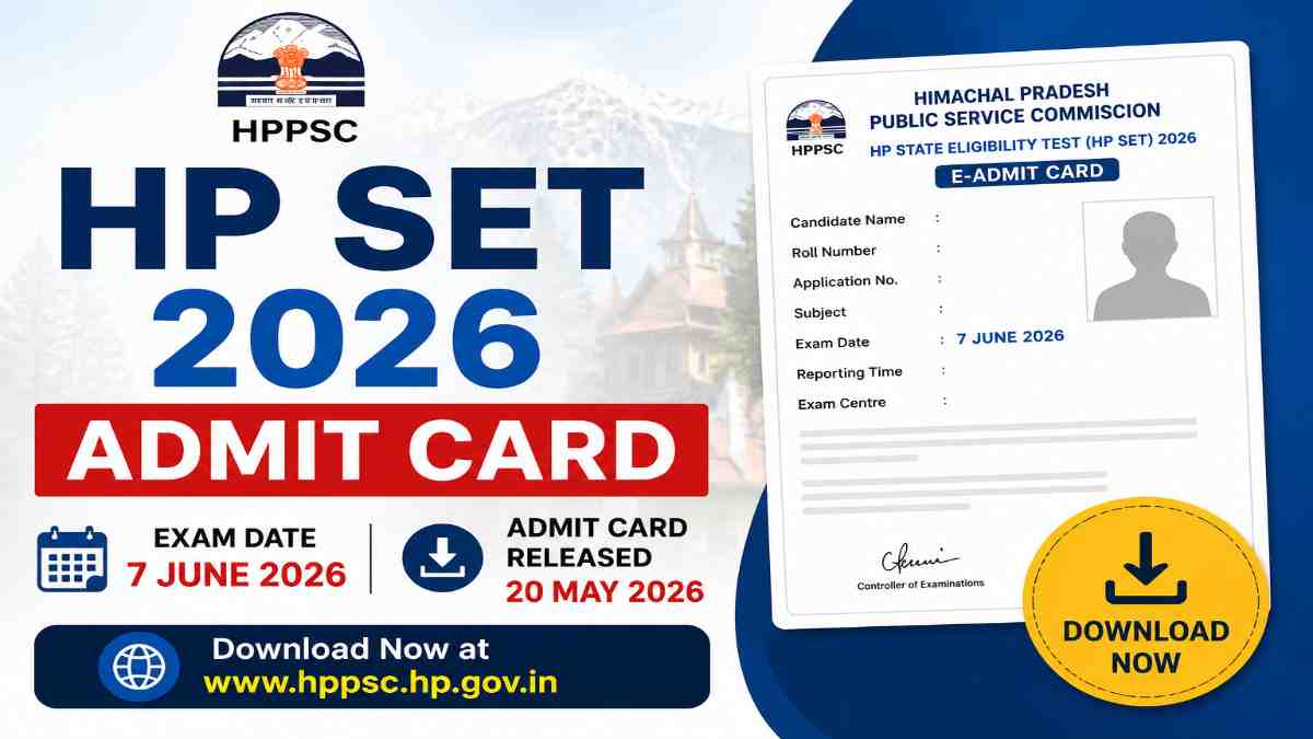HP SET 2026 Admit Card Out banner showing HPPSC admit card, exam date 7 June 2026, and download now message.