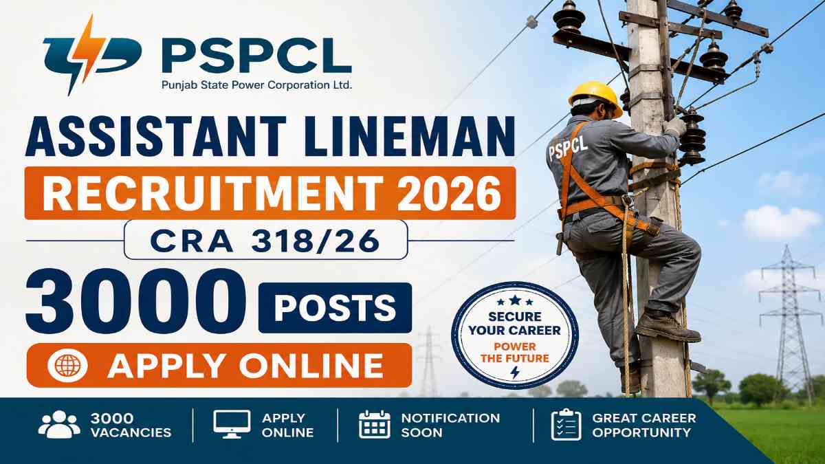 PSPCL Assistant Lineman Recruitment 2026 banner showing 3000 vacancies and apply online details
