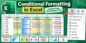 Conditional Formatting in Excel guide with highlighted cells, data bars, color scales, and formatting rules
