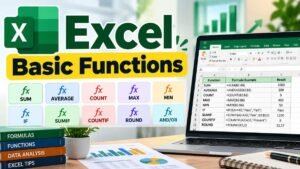 Excel Basic Functions guide with SUM, AVERAGE, COUNT, MAX, MIN, IF, and other Excel formulas displayed on a laptop screen.