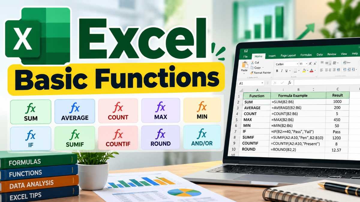 Excel Basic Functions guide with SUM, AVERAGE, COUNT, MAX, MIN, IF, and other Excel formulas displayed on a laptop screen.