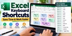 Excel Keyboard Shortcuts infographic showing useful shortcut keys to save time and work faster