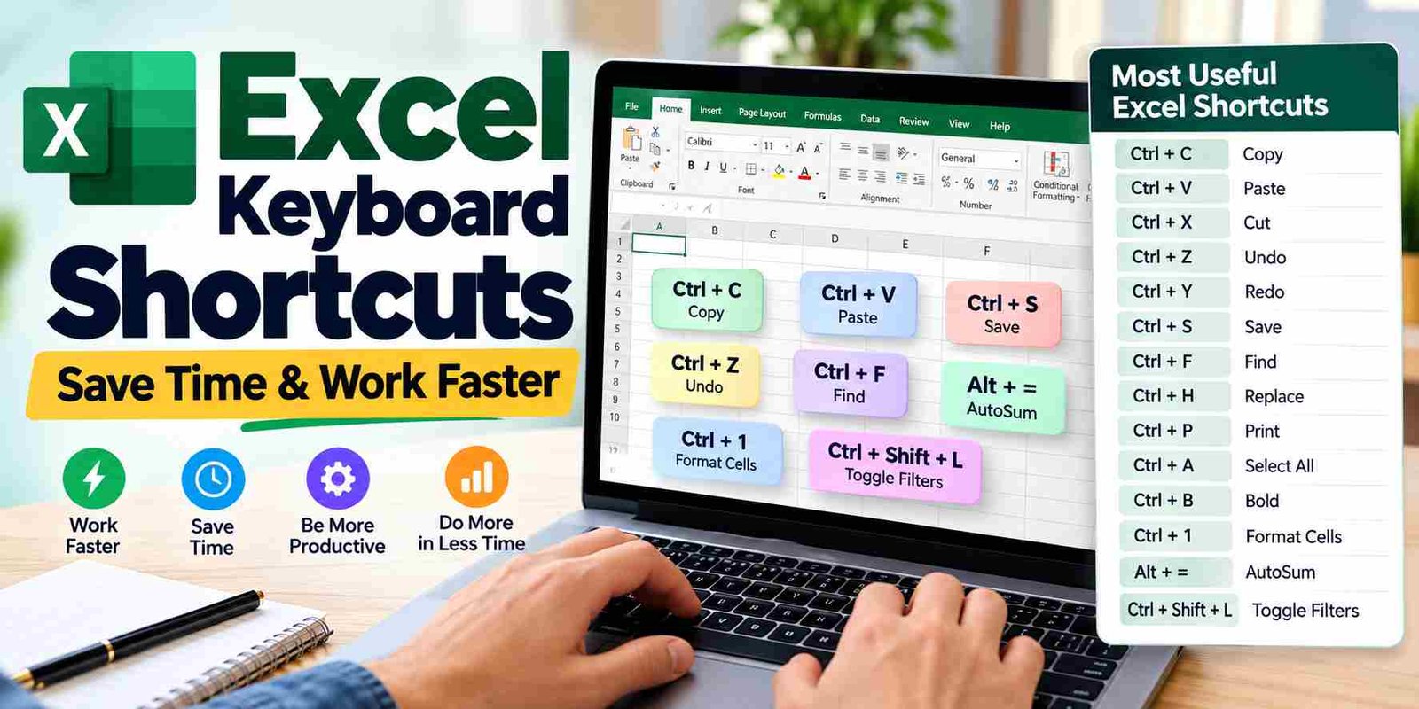 Excel Keyboard Shortcuts infographic showing useful shortcut keys to save time and work faster