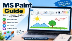 MS Paint Guide showing Microsoft Paint tools, drawing canvas, shapes, colors, and image editing features