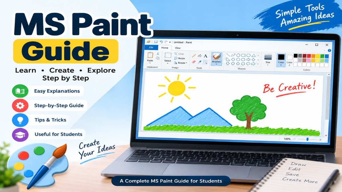 MS Paint Guide showing Microsoft Paint tools, drawing canvas, shapes, colors, and image editing features