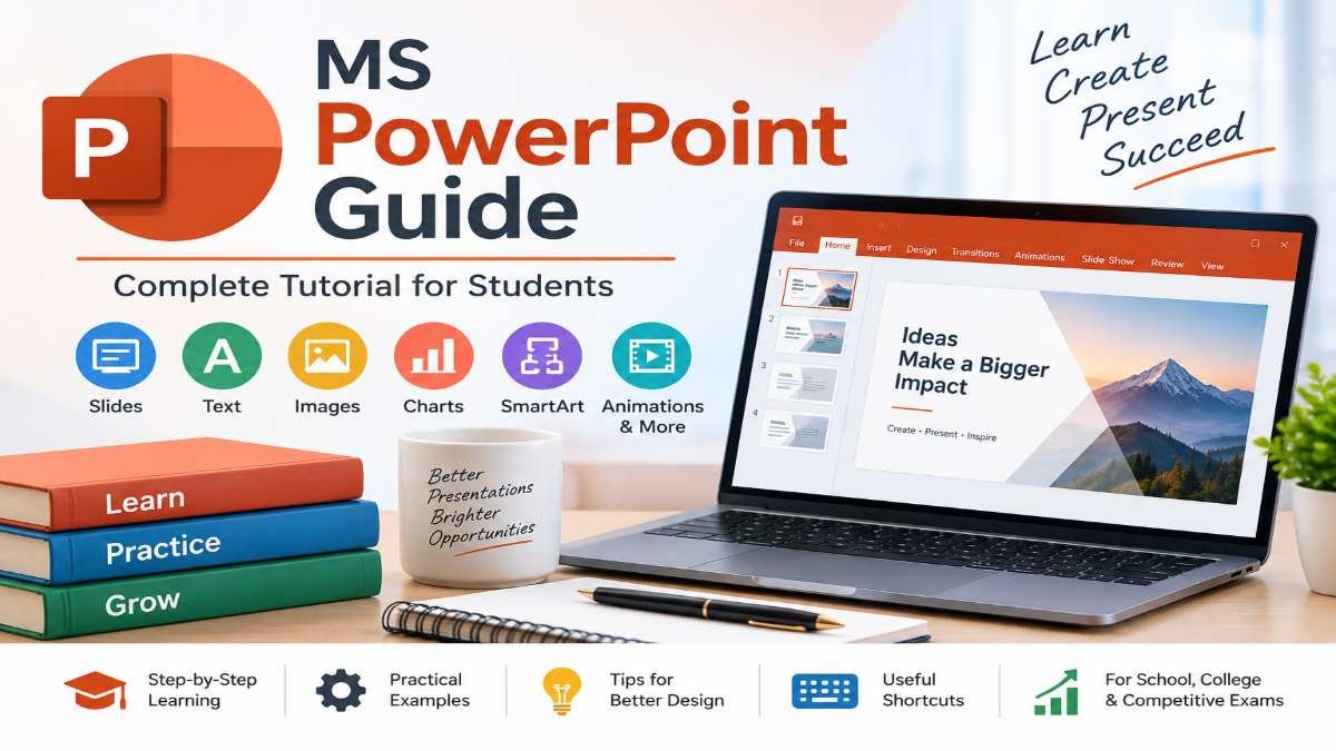 MS PowerPoint Guide featuring PowerPoint slides, charts, SmartArt, animations, and presentation tools for students