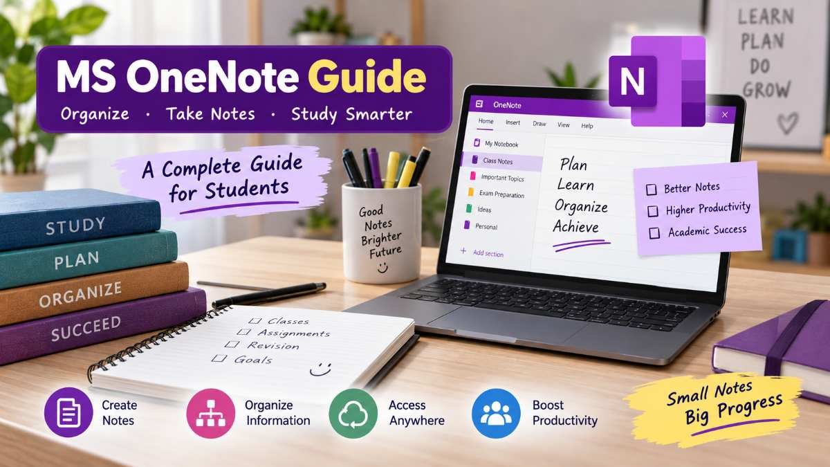 MS OneNote Guide for students with a digital notebook, organized notes, study sections, and productivity tools