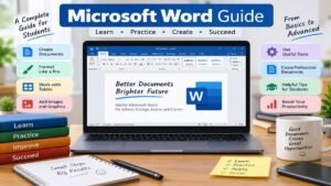Microsoft Word Guide for students showing document creation, formatting tools, tables, images and useful Word features