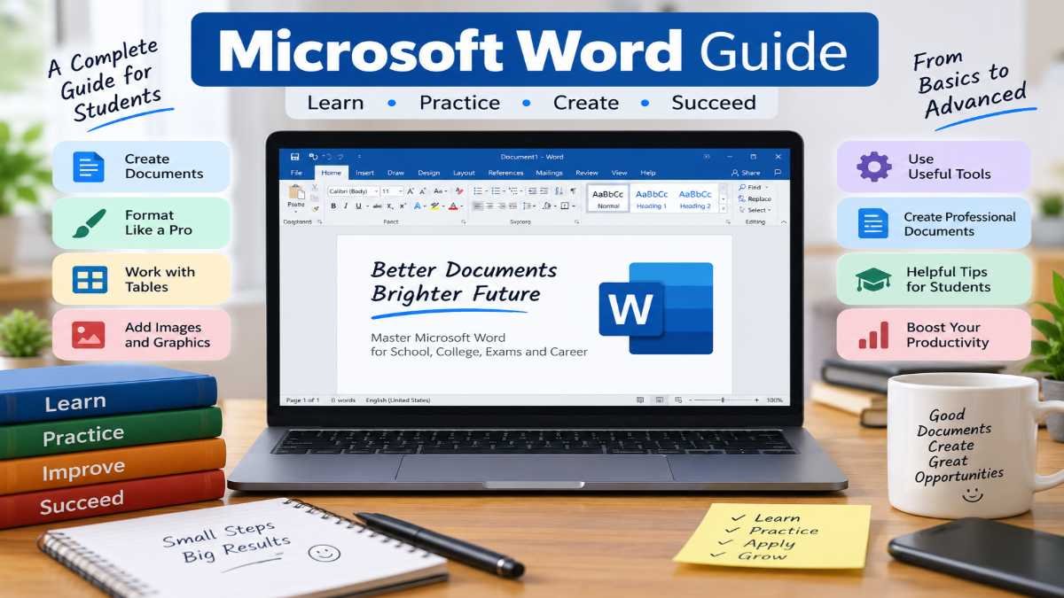 Microsoft Word Guide for students showing document creation, formatting tools, tables, images and useful Word features