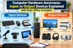 Computer Hardware Awareness showing input and output devices such as keyboard, mouse, scanner, monitor, printer, microphone, speaker, and projector