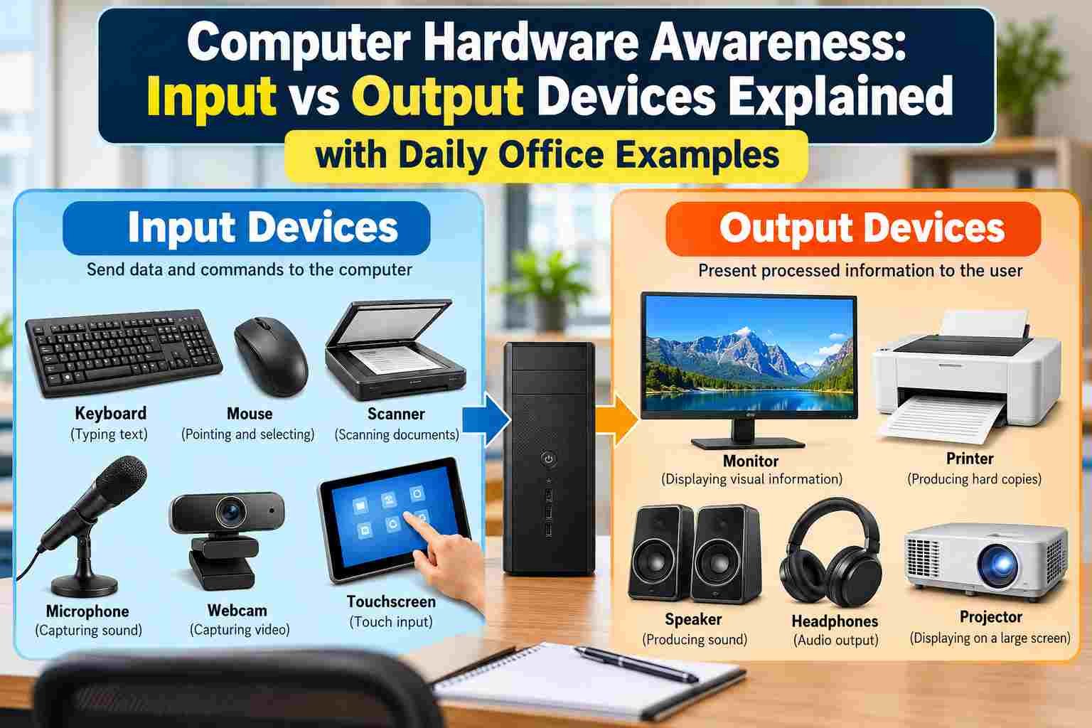 Computer Hardware Awareness showing input and output devices such as keyboard, mouse, scanner, monitor, printer, microphone, speaker, and projector