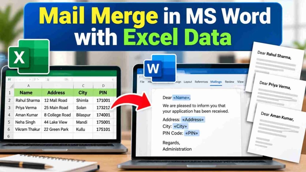 Mail Merge in MS Word with Excel Data showing Excel records connected to a Word document