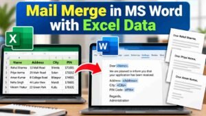 Mail Merge in MS Word with Excel Data showing Excel records connected to a Word document