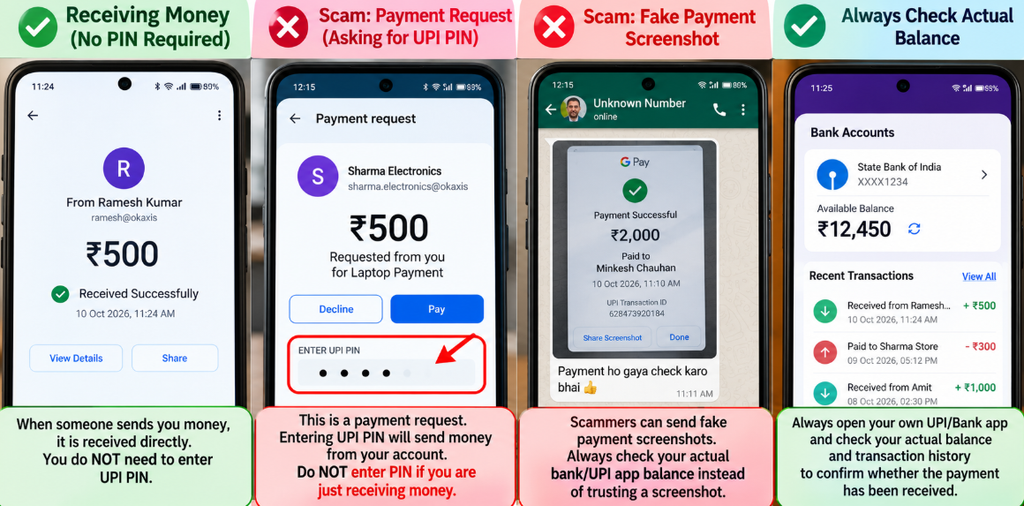 UPI payment scams showing the difference between receiving money and sending money using a UPI PIN.
Image De