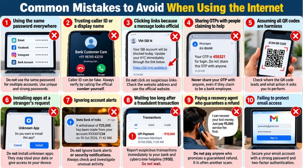 Common mistakes to avoid when using the internet, including phishing links, OTP scams, weak passwords, fake recovery agents, and banking fraud.